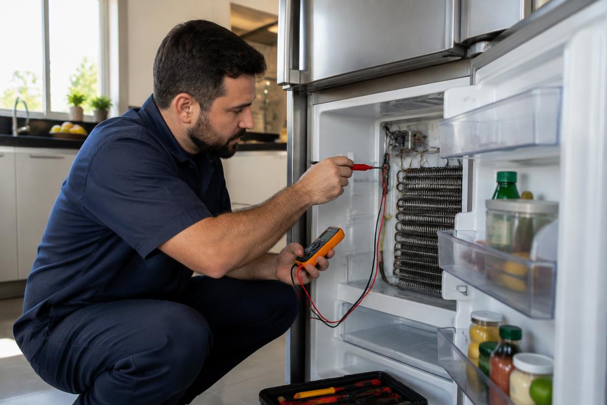 Técnico fazendo manutenção em geladeira